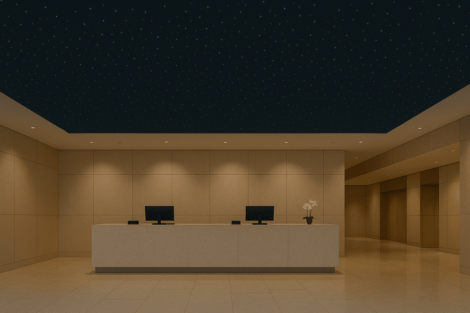 Luxury hotel lobby with starlight ceiling