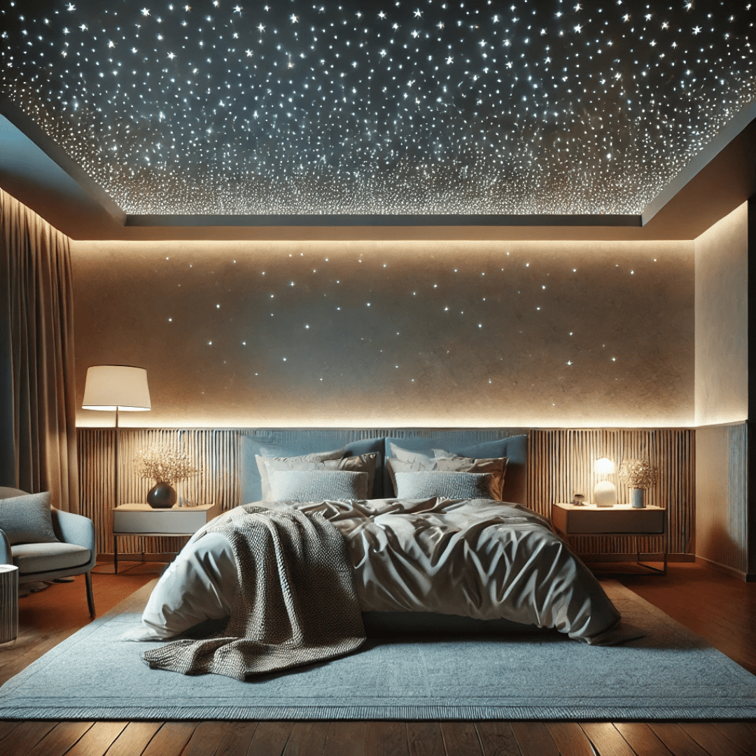 Event venue with dramatic starlight ceiling installation