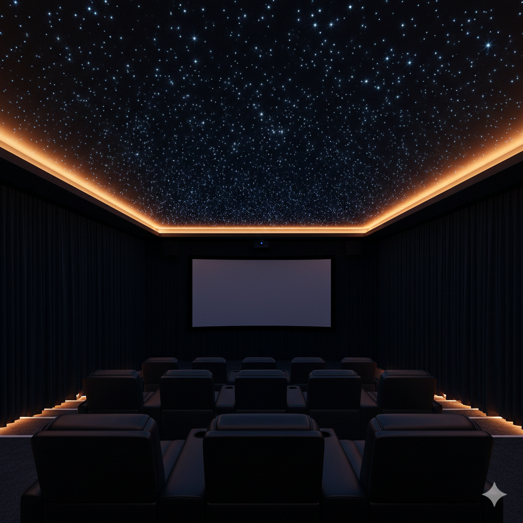 Fiber optic star ceiling with twinkling stars installed in a luxury home theater room with dark walls and cinema seating