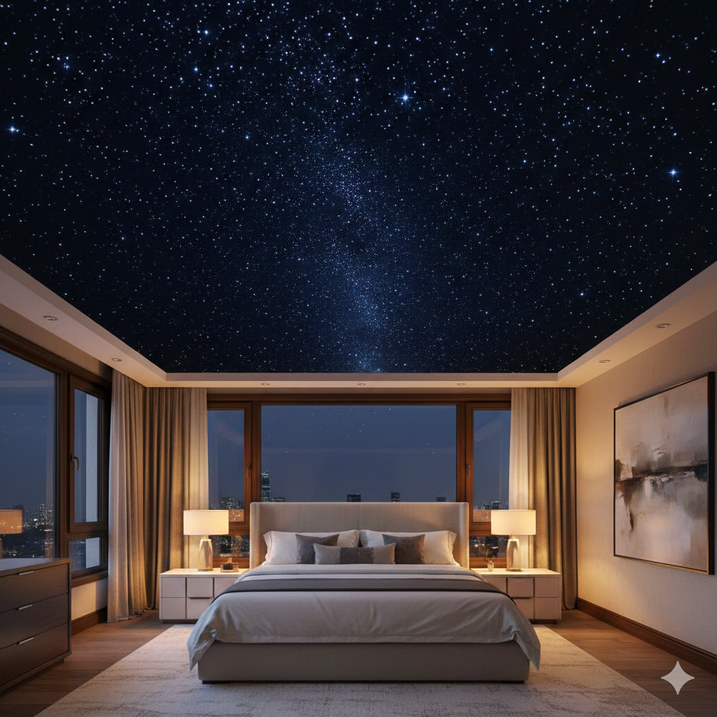 Stunning starlight ceiling installed in a luxury home bedroom with hundreds of twinkling fiber optic stars creating a realistic night sky effect