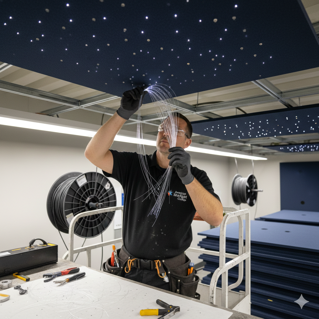 Professional installer threading fiber optic strands through a ceiling panel for a residential starlight ceiling installation