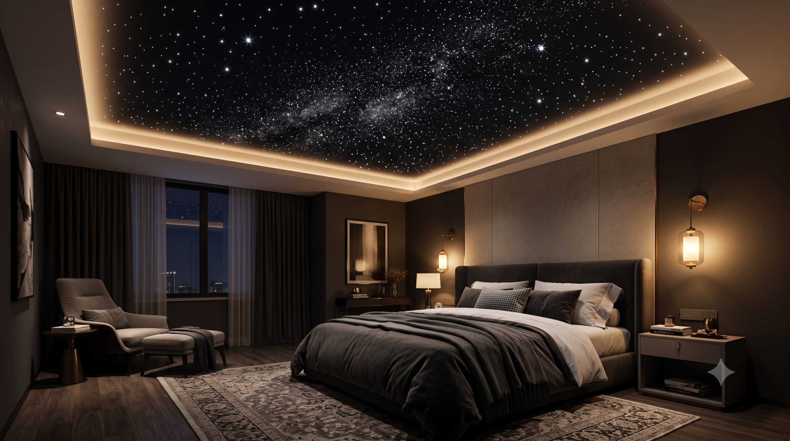 Completed starlight ceiling installation in a luxury master bedroom showing realistic twinkling fiber optic stars on a dark ceiling