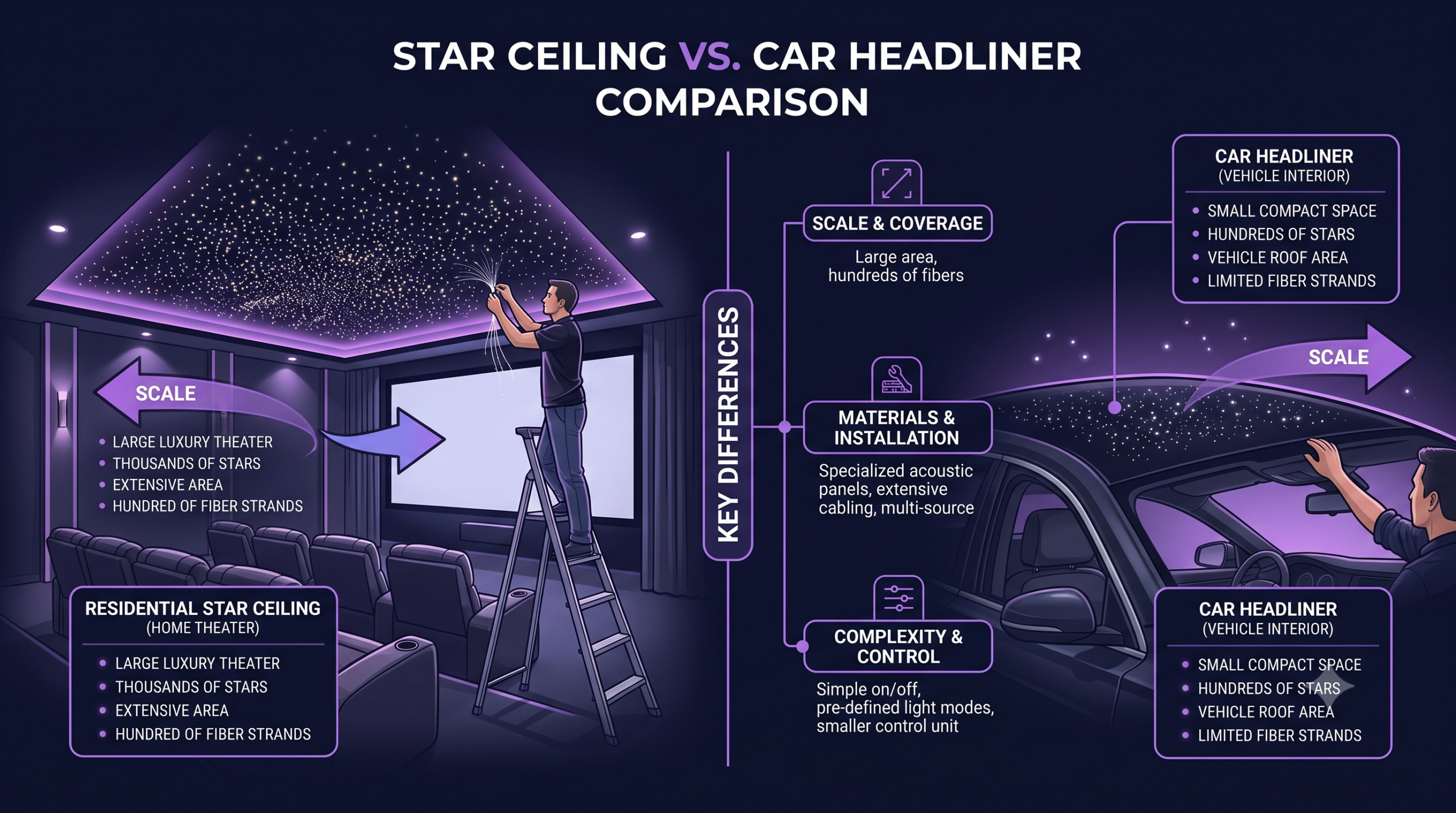 Side-by-side comparison of a fiber optic star ceiling in a luxury home theater versus a car headliner installation showing the difference in scale and complexity