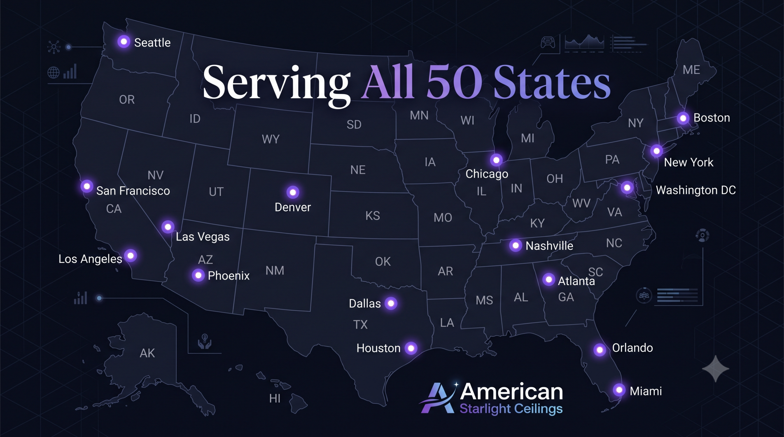 Map showing nationwide starlight ceiling installation coverage across all 50 United States with major city markers highlighted