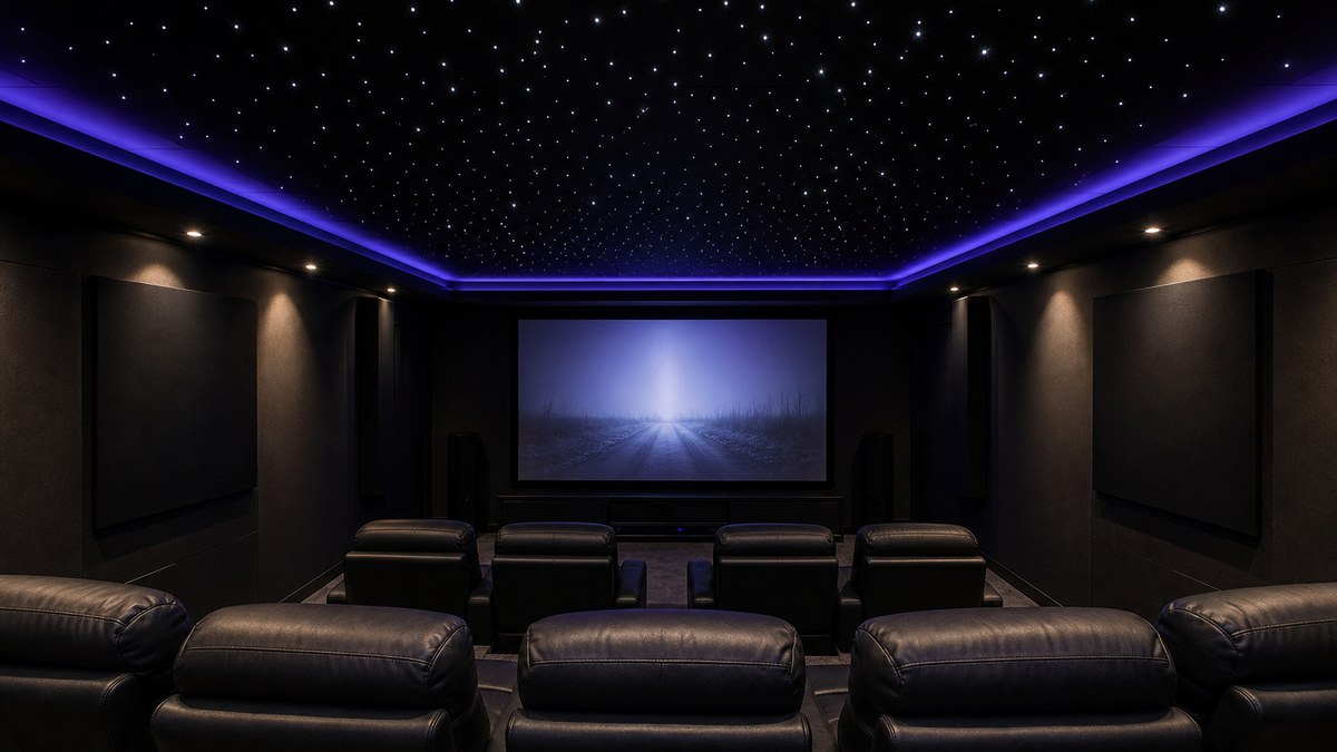 Acoustic star ceiling panels glowing above reclining seats in a dark home theater with fabric-wrapped fiber optic stars
