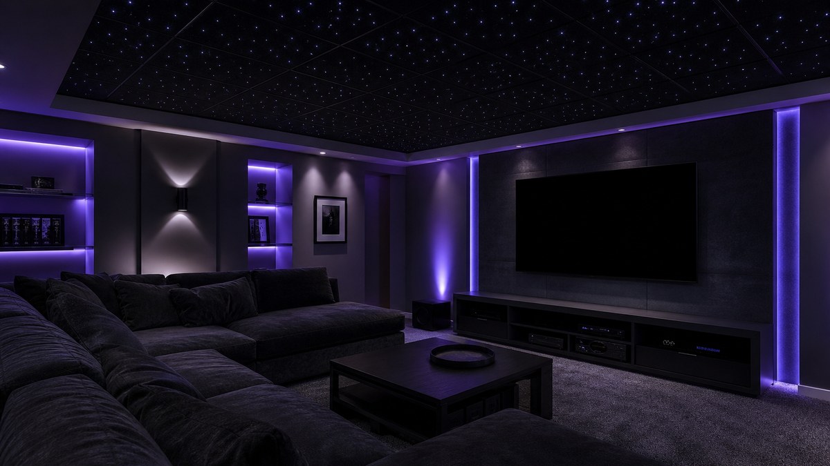 Basement media room with acoustic star ceiling tiles glowing above a sectional sofa and large TV in soft indigo light
