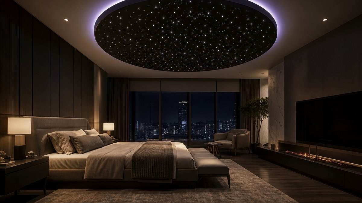 Master bedroom with a circular backlit star ceiling panel glowing softly above the bed at night