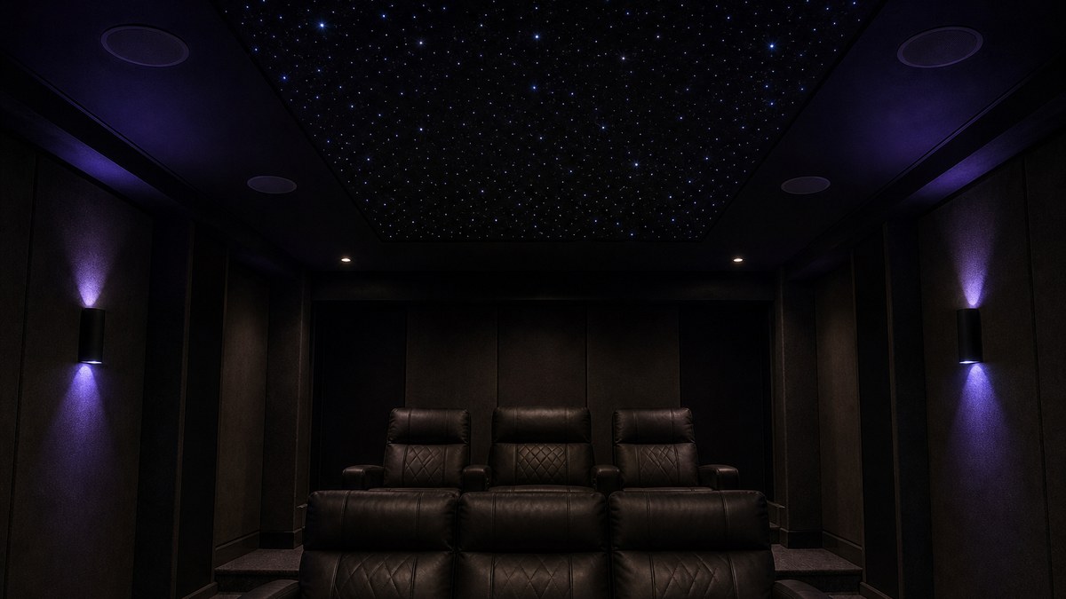 Home theater with an acoustic star ceiling panel field centered over two rows of seats and in-ceiling Atmos speakers around the border