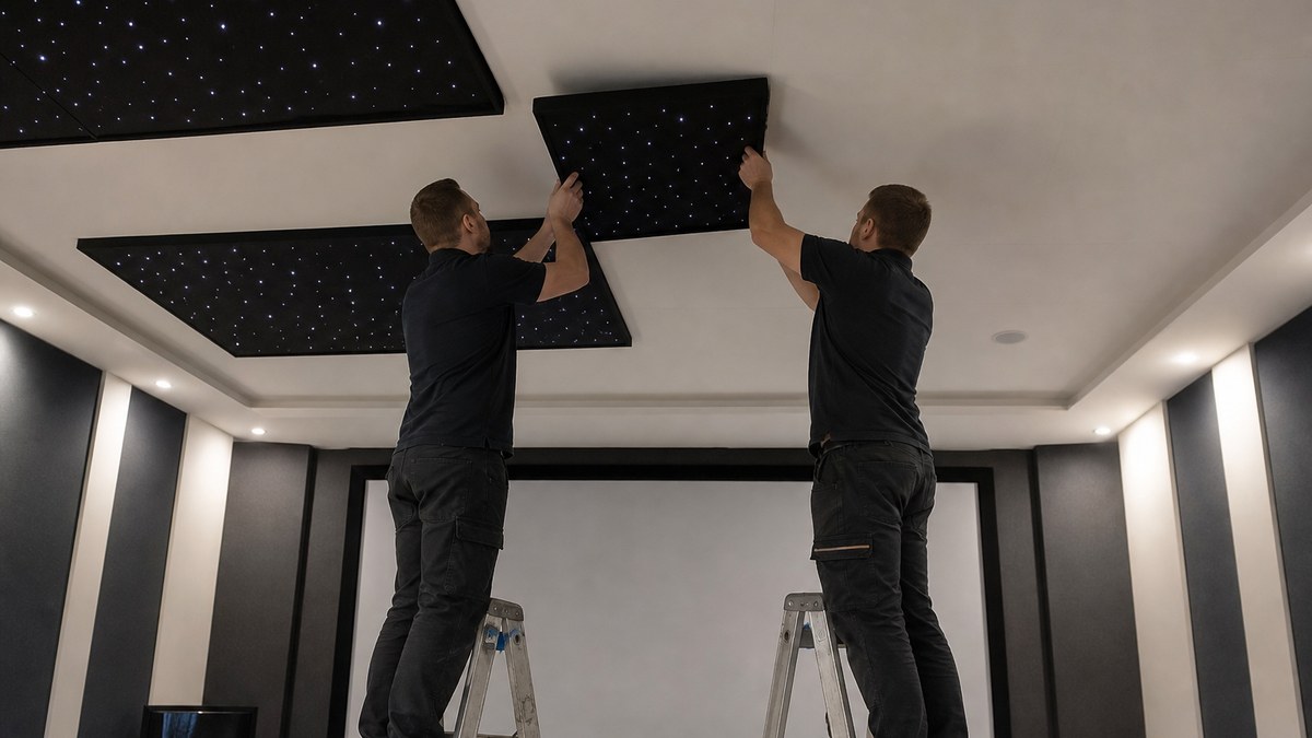 Two installers mounting a 2x2 acoustic star ceiling panel onto a drywall ceiling in a home theater