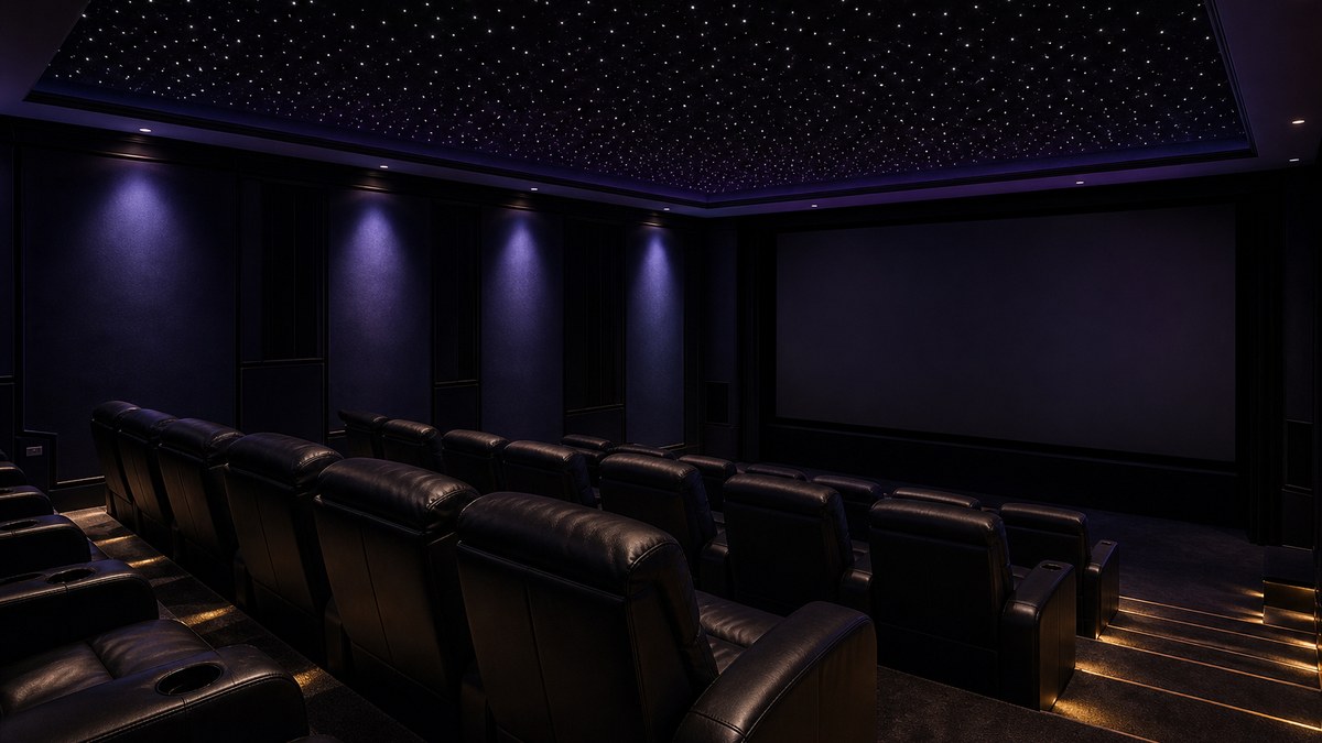 Boutique commercial screening room with a star ceiling field over tiered seating and a dark border stopping before the screen
