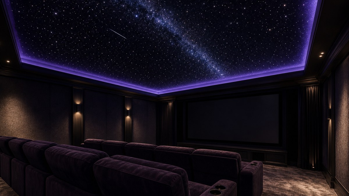 Luxury home theater with a custom fiber optic star ceiling, constellation layout and a shooting star streak glowing in deep purple light