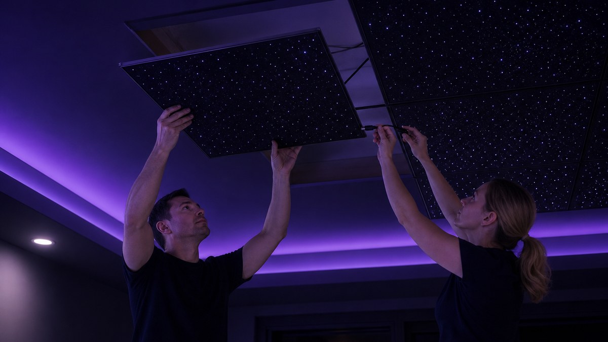 Homeowner installing premade fiber optic star ceiling panels as a DIY project, connecting panels with Cat5 cable