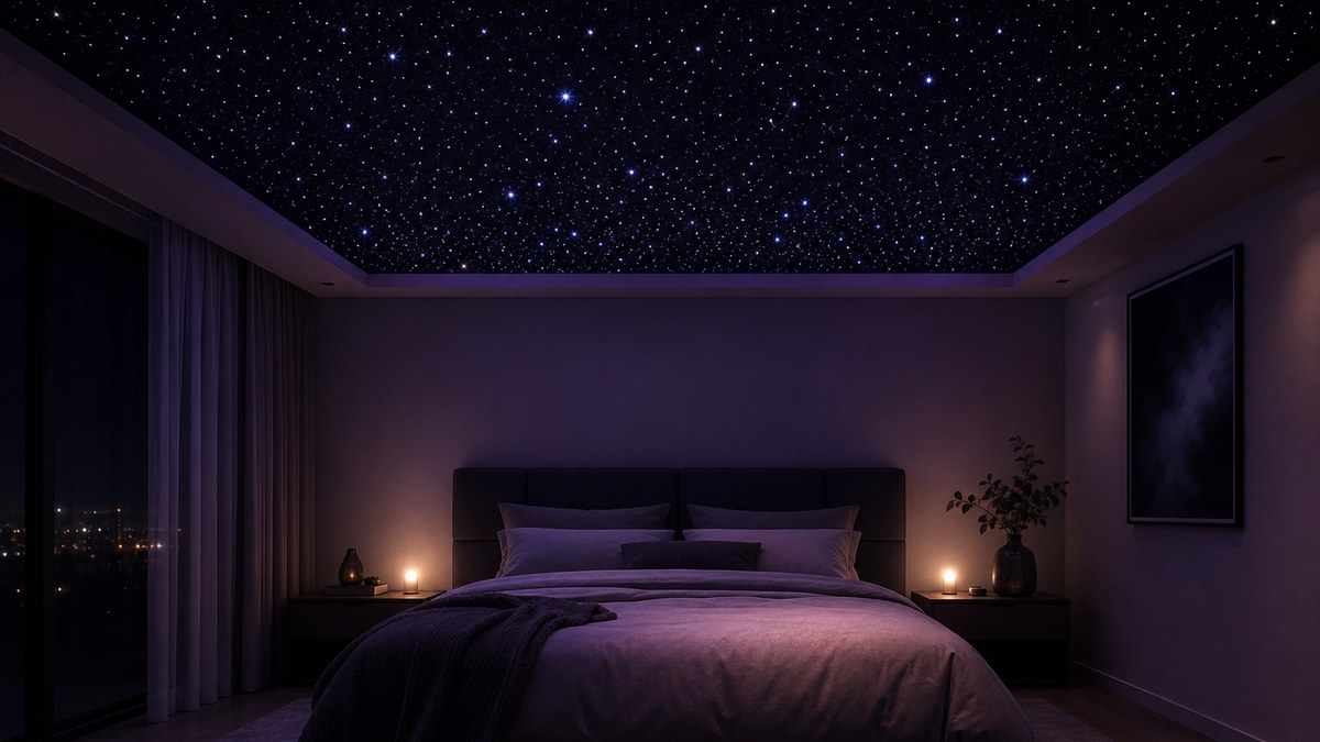 Finished DIY star ceiling in a cozy bedroom with dense fiber optic stars glowing softly at night