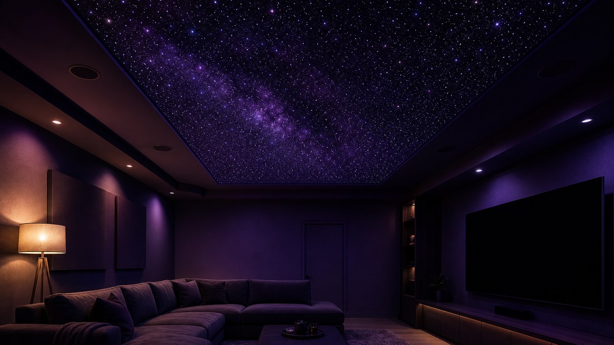 Finished starlight ceiling installation glowing over a cozy media room at night with a dense fiber optic star field and dark border