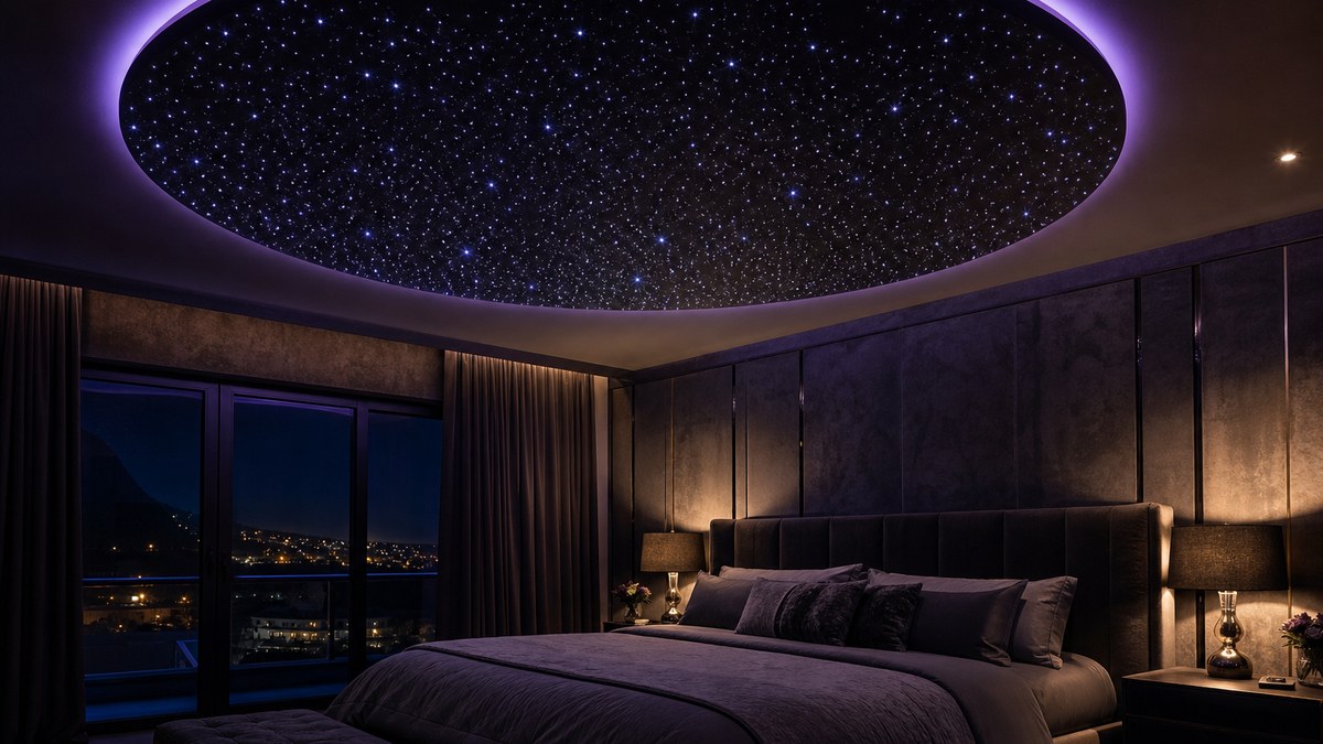 Luxury primary bedroom with a circular backlit custom star ceiling panel and soft violet halo glowing above the bed