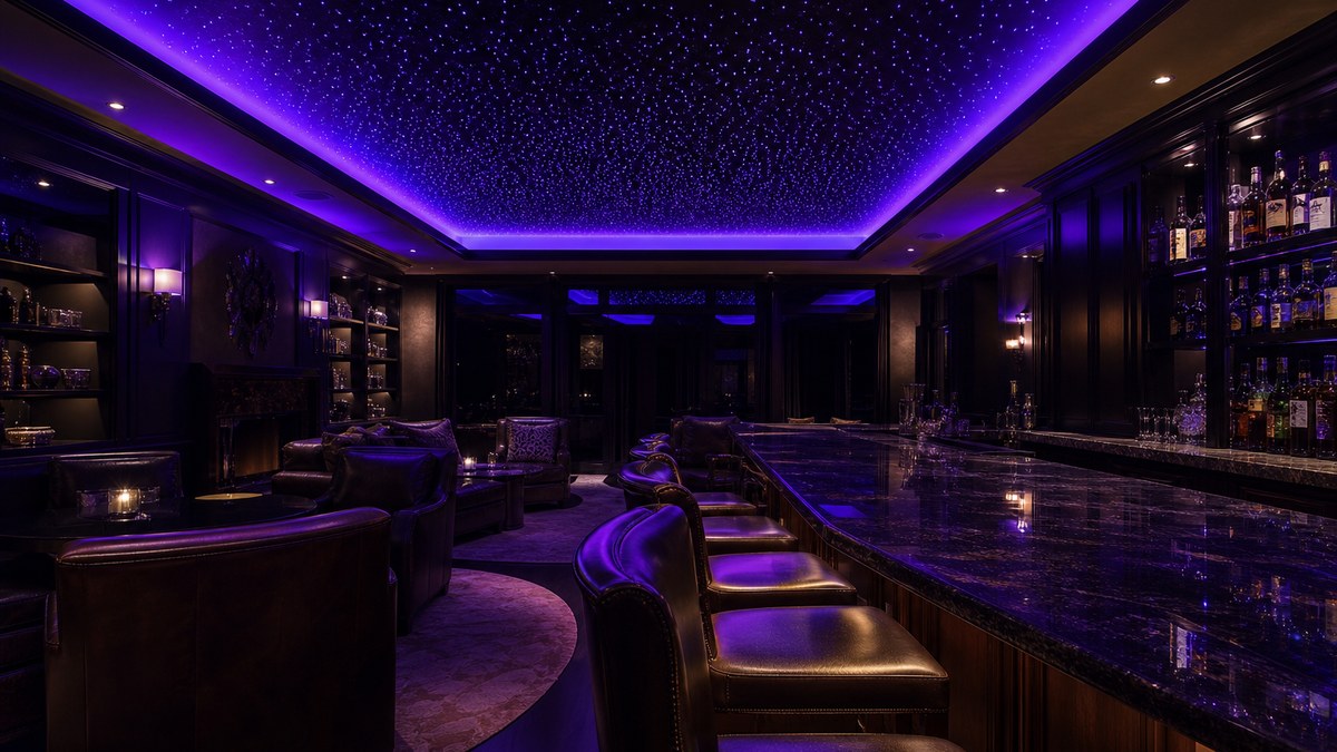 Upscale lounge with a custom RGB color changing fiber optic star ceiling glowing violet and blue above leather seating