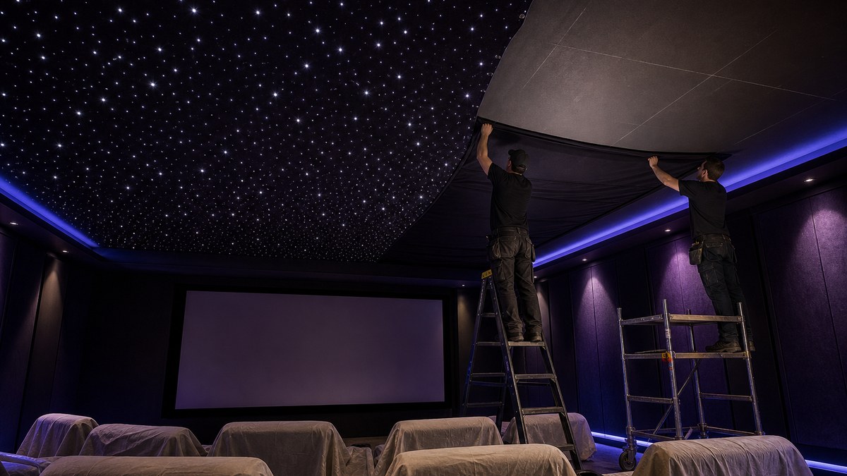 Two installers mounting a premade fiber optic star ceiling panel during a starlight ceiling installation in a dark home theater